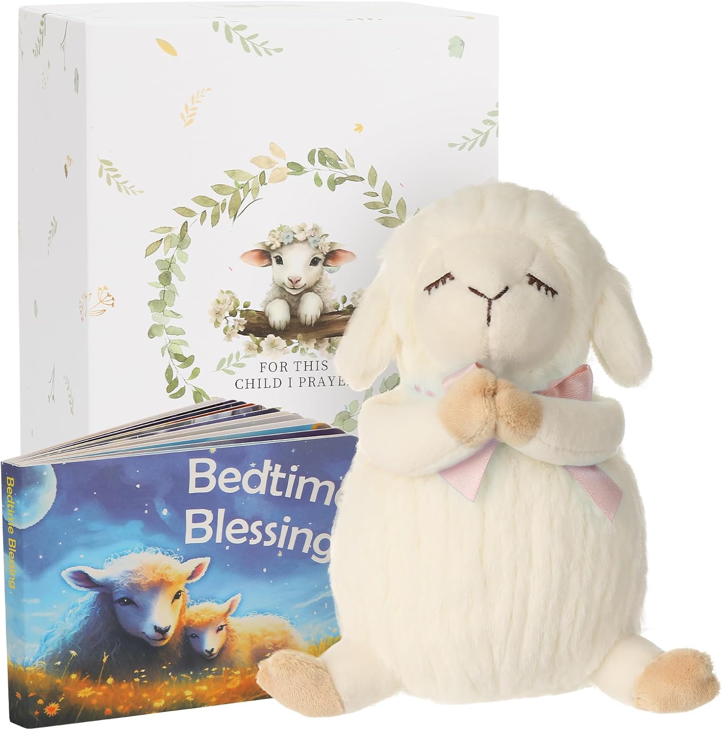 Detalle de Sawnfay Baptism Gifts for Girls & Newborns: 7" Praying Lamb Plush Toy and Bedtime Blessing Book Set