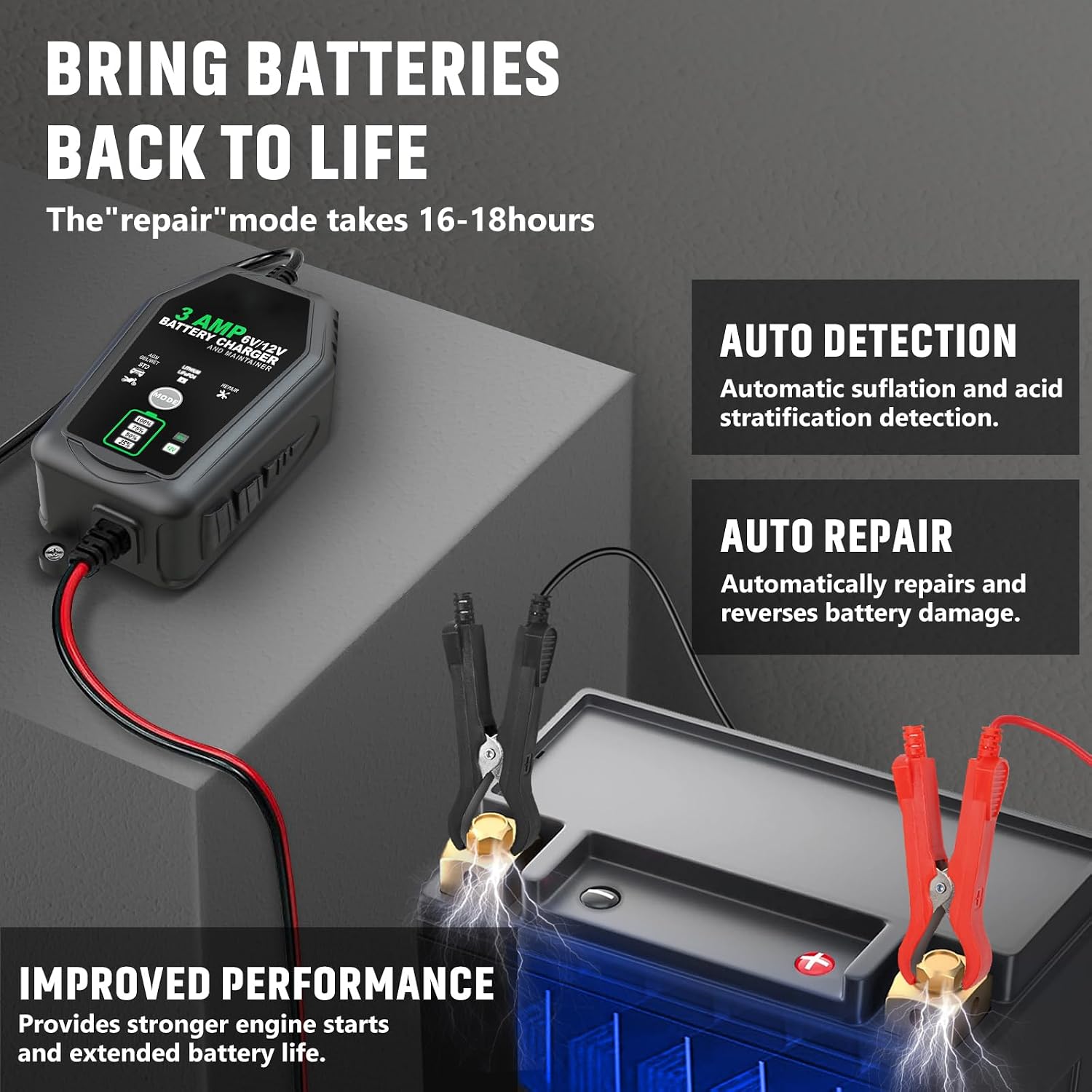 Detalle 2 de Aorika SHUANG3A 6V/12V Smart Battery Charger, 3A, 2-Pack