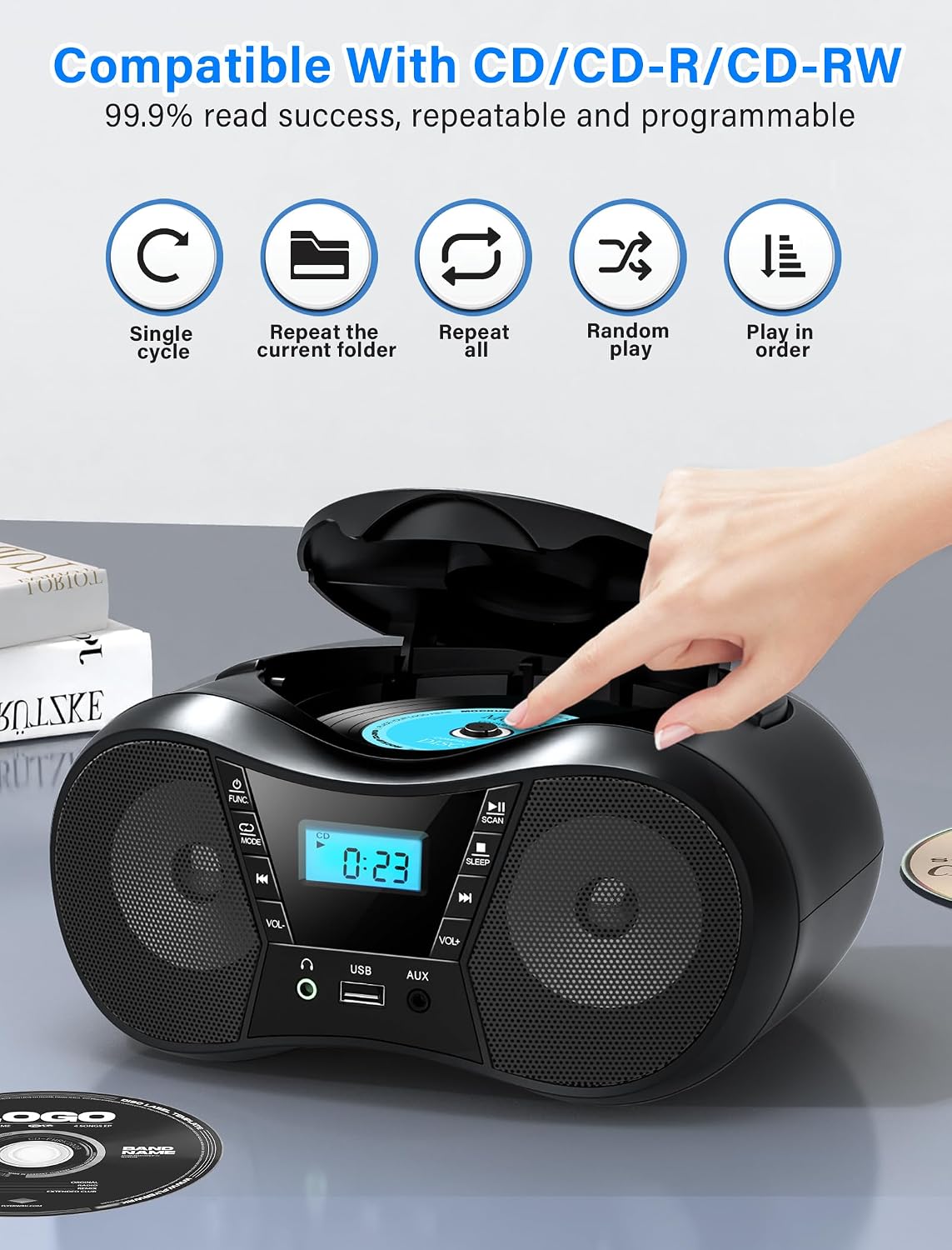Detalle 2 de Greadio CD-X9B Portable Boombox CD Player with Bluetooth, FM Radio, USB and AUX