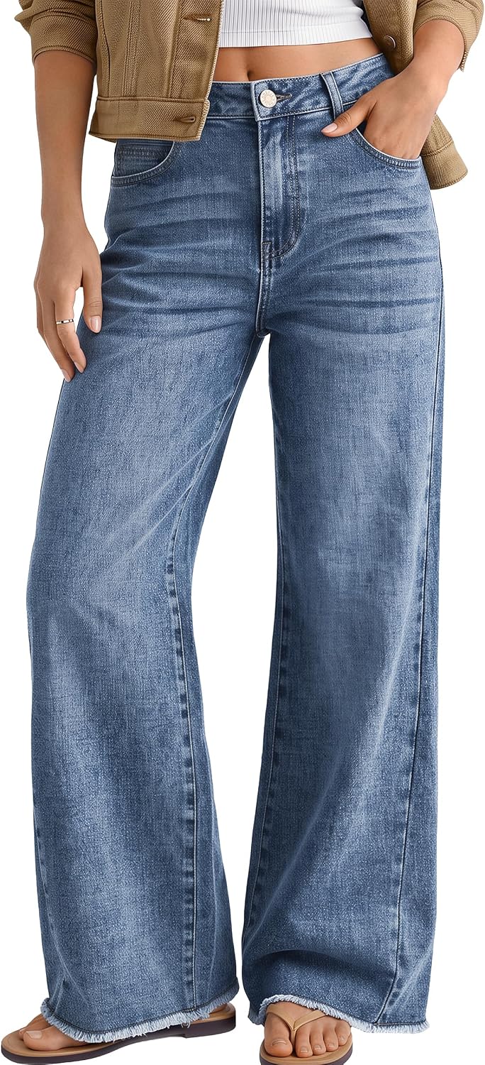 Detalle de Trendy Queen Women’s Wide Leg Jeans with Relaxed Loose Straight Fit & Raw Hem