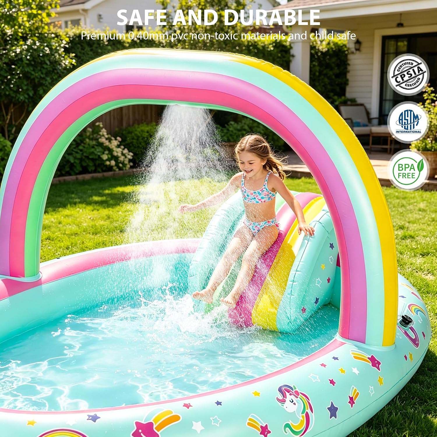 Detalle de SULIFEEL Rainbow Unicorn Inflatable Play Center: 96'' x 59'' x 39'' Kiddie Pool with Slide and Sprinkler