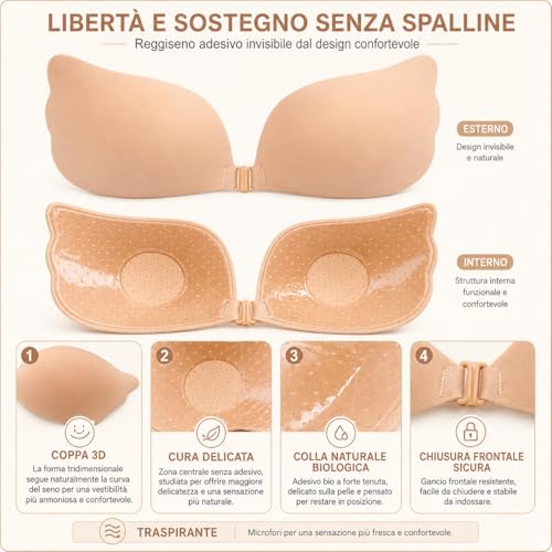 Detalle de QM Reggiseno Adesivo Push Up Frontale – Coppa A a D, Nero o Pelle, 2 Paia