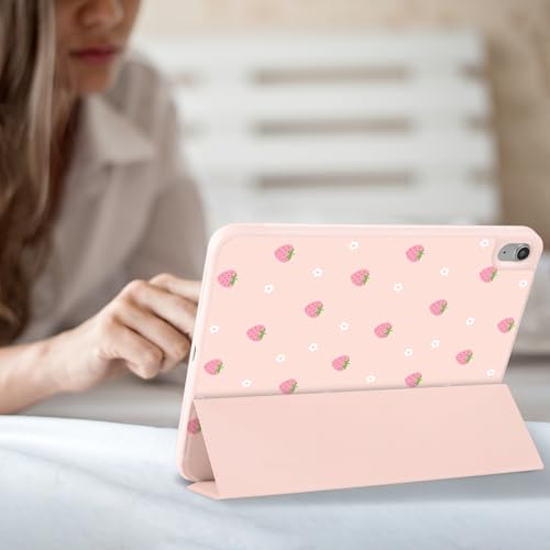 Thumbnail 6 de Fycyko Étui pour iPad 11e Génération (11 pouces) et iPad 10e Génération 2022 – Coque antichoc avec porte-crayon et motif floral Fraise Rose
