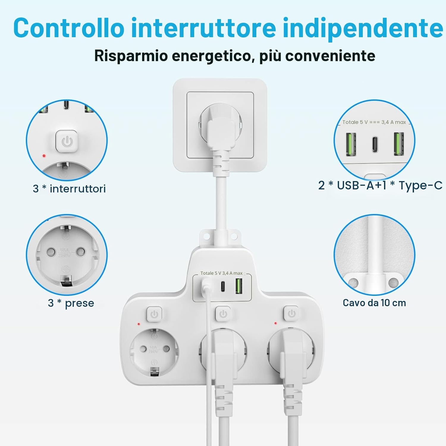 Detalle 2 de Ciabatta Multipresa USB-C con tre prese, interruttori indipendenti e ricarica intelligente