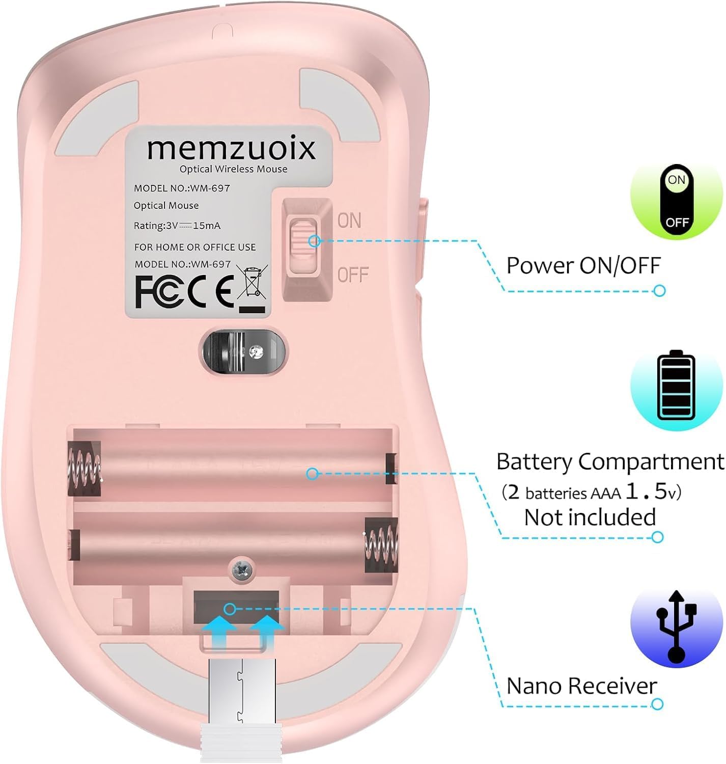 Thumbnail 6 de Memzuoix 2.4G Wireless Mouse (1400 DPI) – 5 Buttons, Portable Optical Cordless with USB Receiver (White Pink)