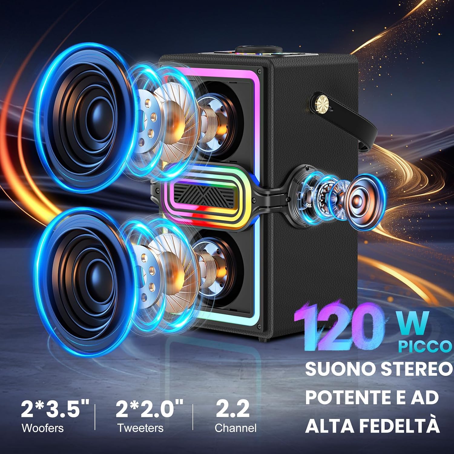 Detalle de TAMPROAD Q101: Altoparlante Bluetooth 120 W con TWS, legno e luci LED per feste all'aperto