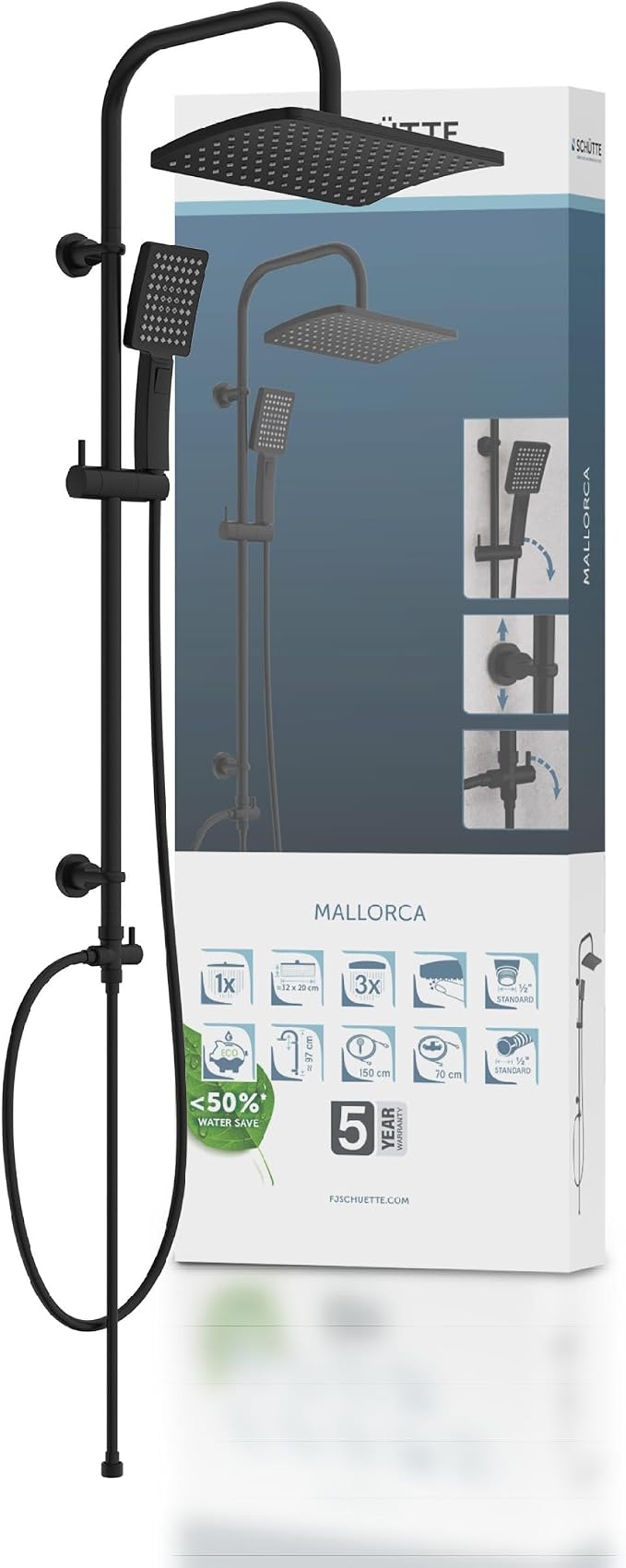 Detalle de SCHÜTTE Mallorca Set de ducha con lluvia, mano y barra negra