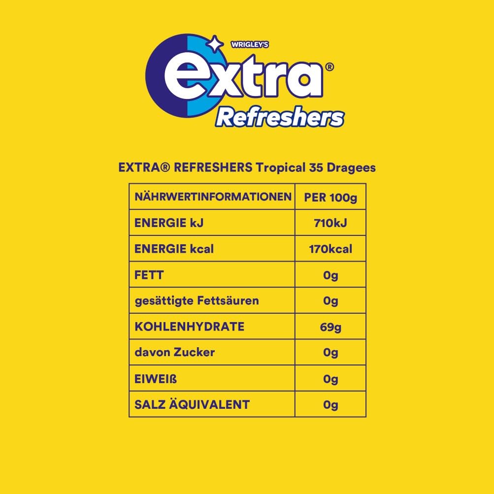 Detalle 2 de Extra Refreshers zuckerfreier Tropical Kaugummi – Großpackung (6 x 35 Dragees)