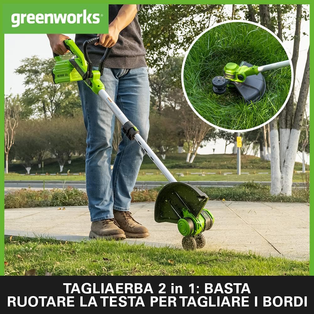 Detalle de Greenworks 40V Akku Rasentrimmer & Kantenschneider mit Rad – inkl. 40V 2Ah Akku & Ladegerät
