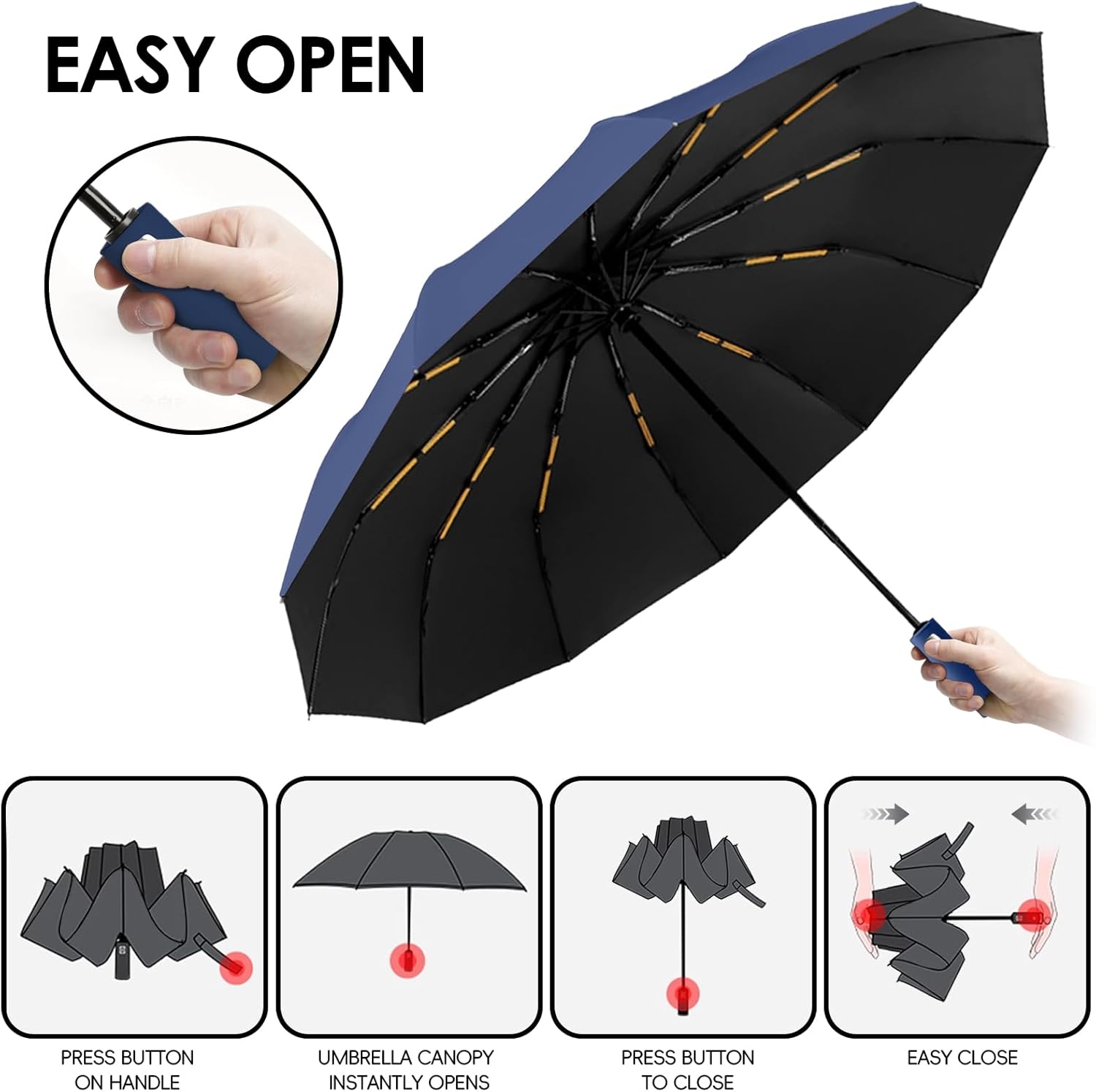 Detalle 2 de Lusibaka Windproof Strong Compact Folding Umbrella with UV Protection and 12 Fibres