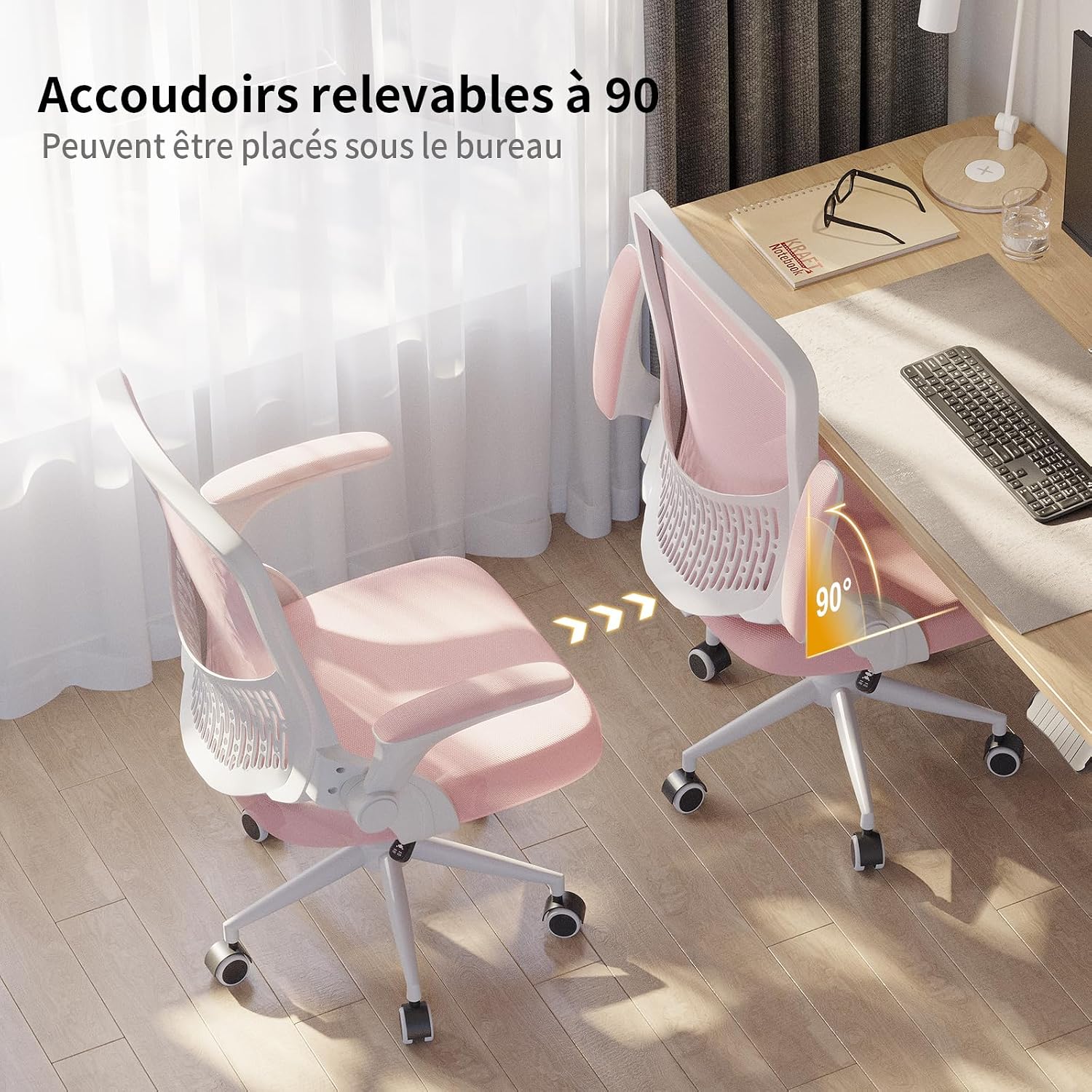 Thumbnail 5 de naspaluro Chaise de bureau ergonomique avec accoudoirs rabattables, dossier avec rangement et pivot 360° (rose)