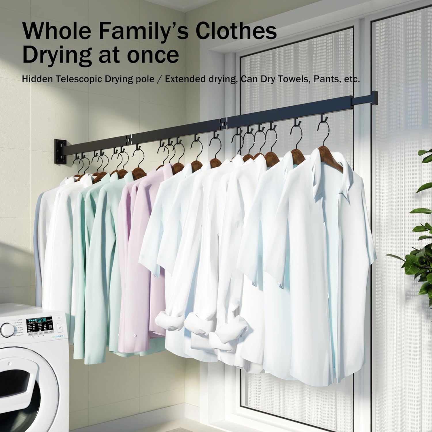 Thumbnail 6 de HEILAIYI J shape Wall-Mounted Drying Rack, 3 Poles, 18 Hooks, Folding Metal