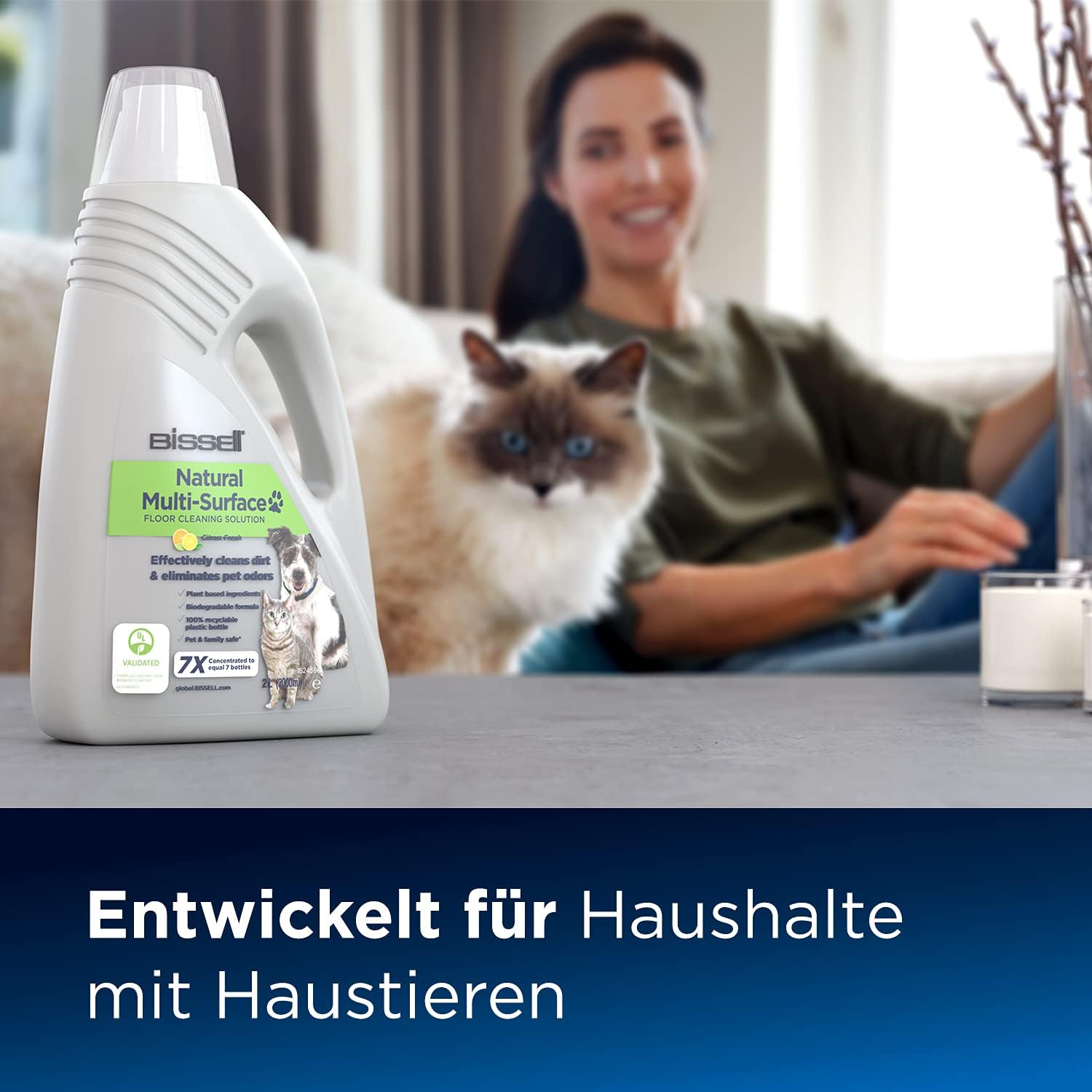 Detalle de BISSELL Natural Pet Mehrflächen-Bodenreinigungslösung 2 l – haustierfreundliche, pflanzenbasierte Reinigung für CrossWave & SpinWave