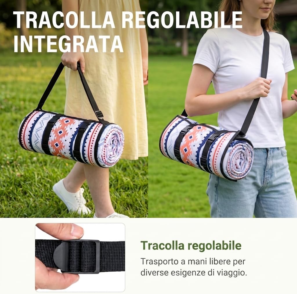 Detalle de Wolfwise Telo Picnic Impermeabile 200x200 cm – Stuoia Campeggio Pieghevole con Cinghie Regolabili e Tracolla, Blu
