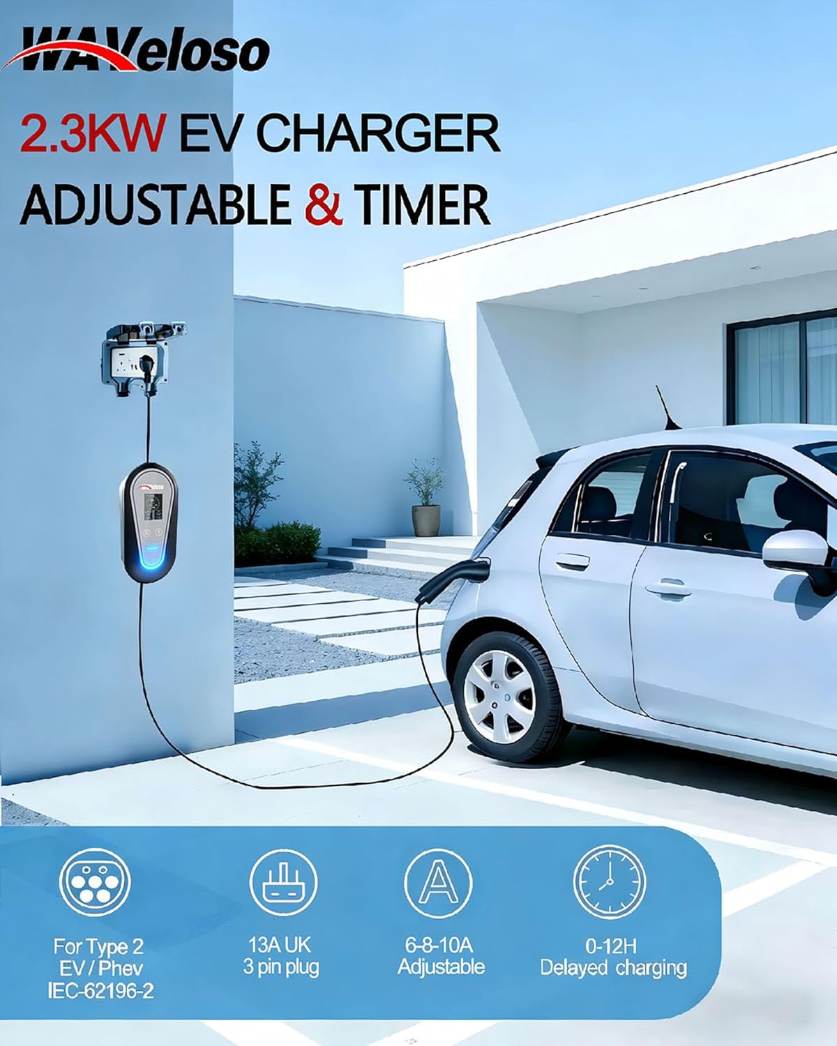 Thumbnail 1 de Waveloso Type 2 to 3 Pin EV Charger Cable (10.4m) with LED Screen, 6/8/10A Adjustable Current and Timing Delay