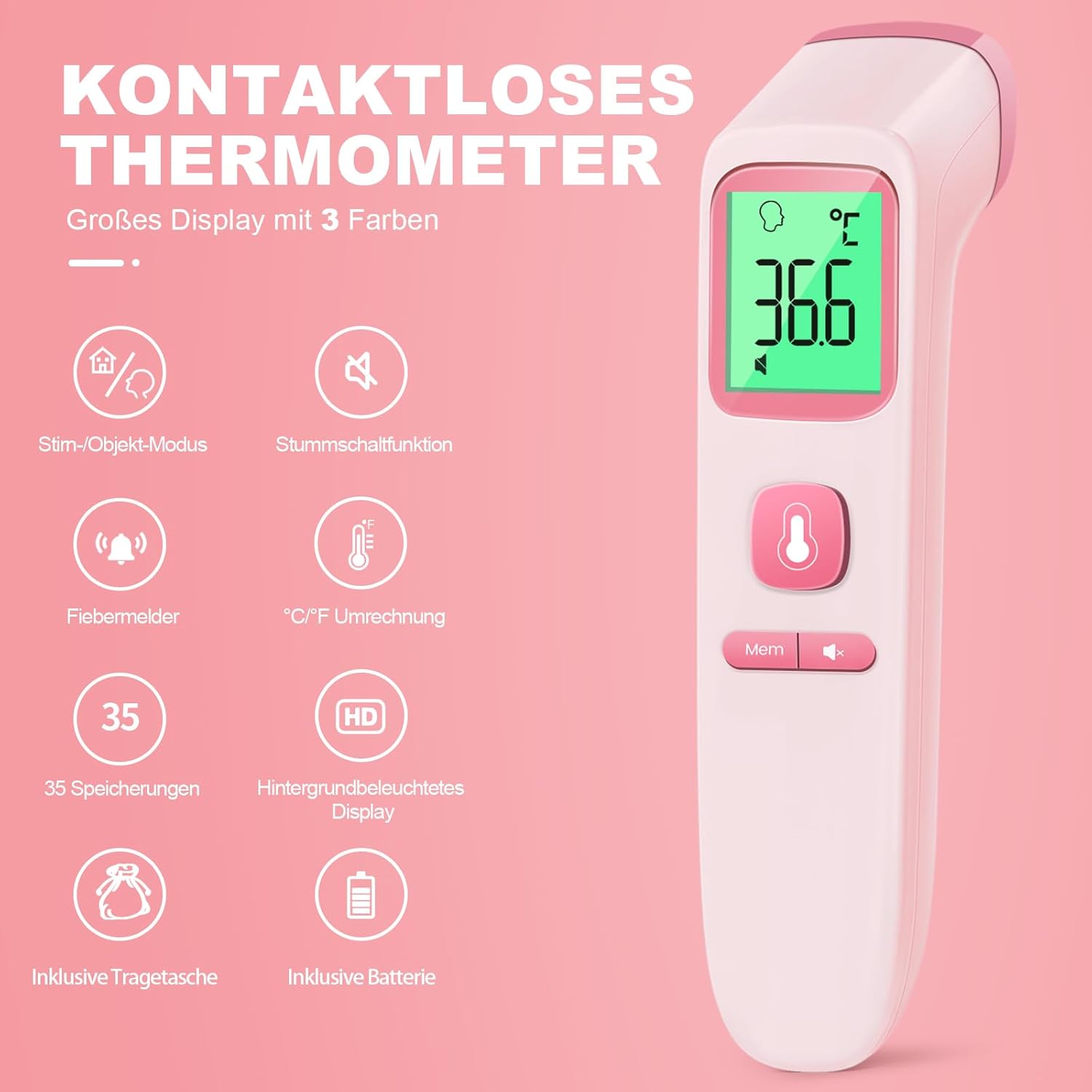 Thumbnail 1 de Fieberthermometer Kontaktlos von Viproud – Stirnthermometer mit 1-Sekunden-Messung, 35 Speicherwerte und Farbdisplay