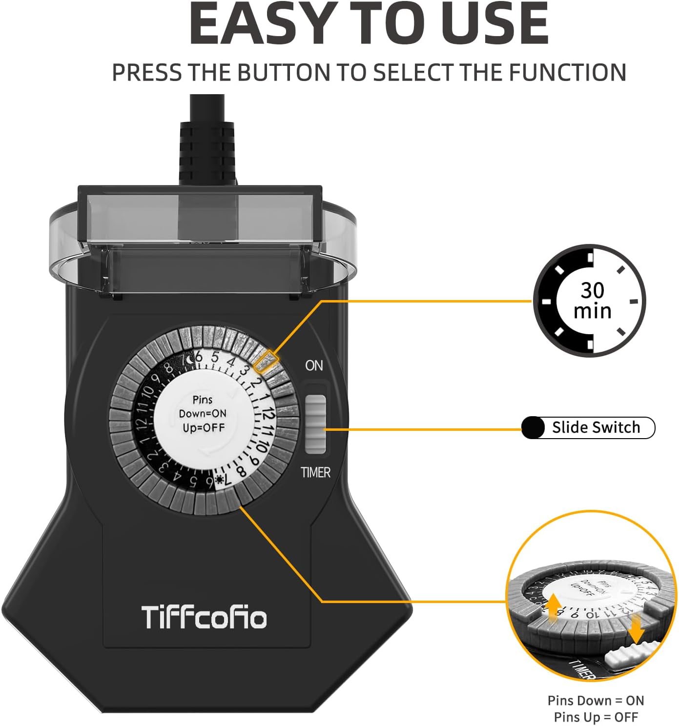 Detalle de Tiffcofio TF-204 Outdoor Mechanical Timer with 3 Grounded Outlets