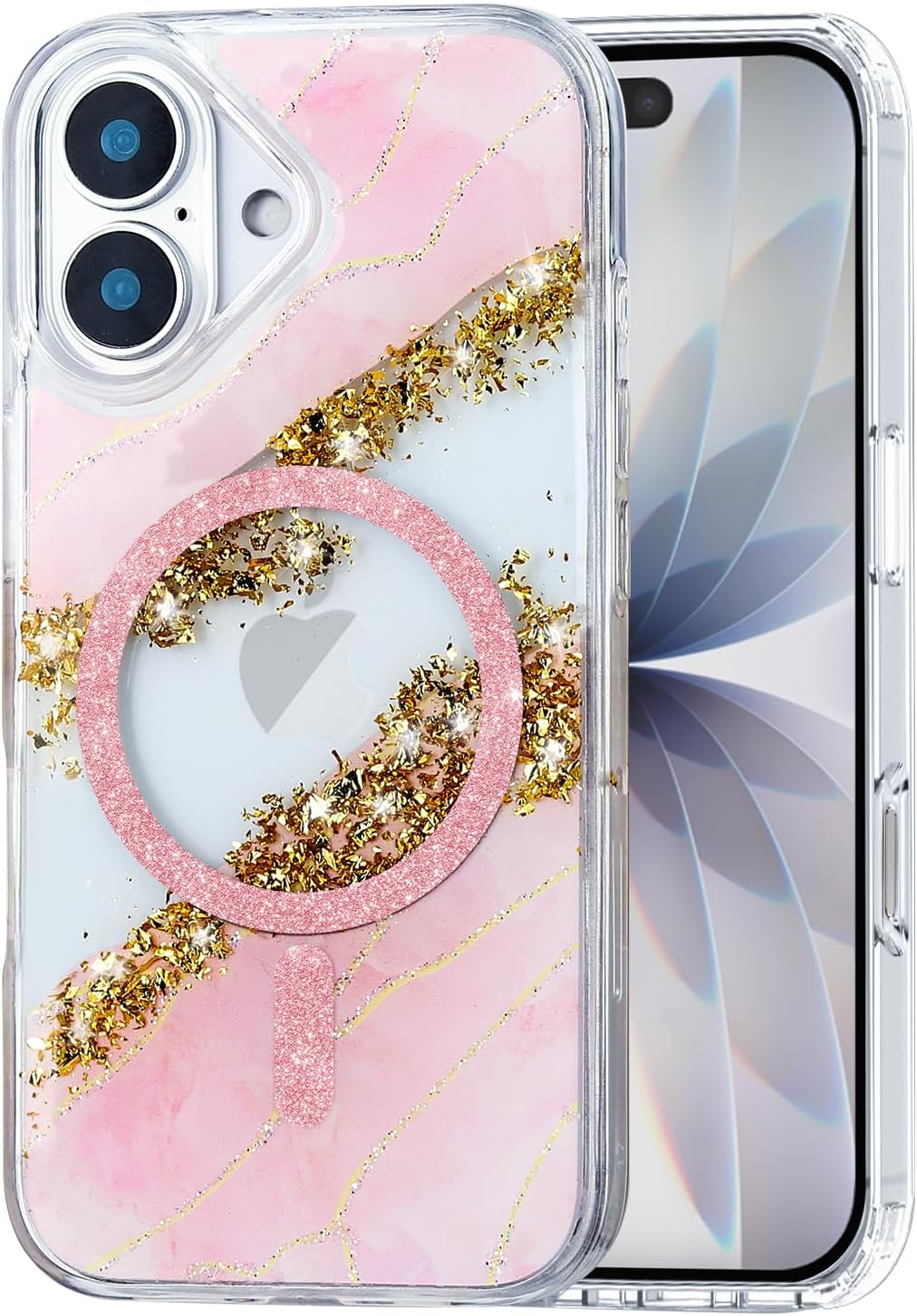 Detalle de Teayoha iPhone 17 Glitter Case with MagSafe Ring, Pink Marble and Gold Foil