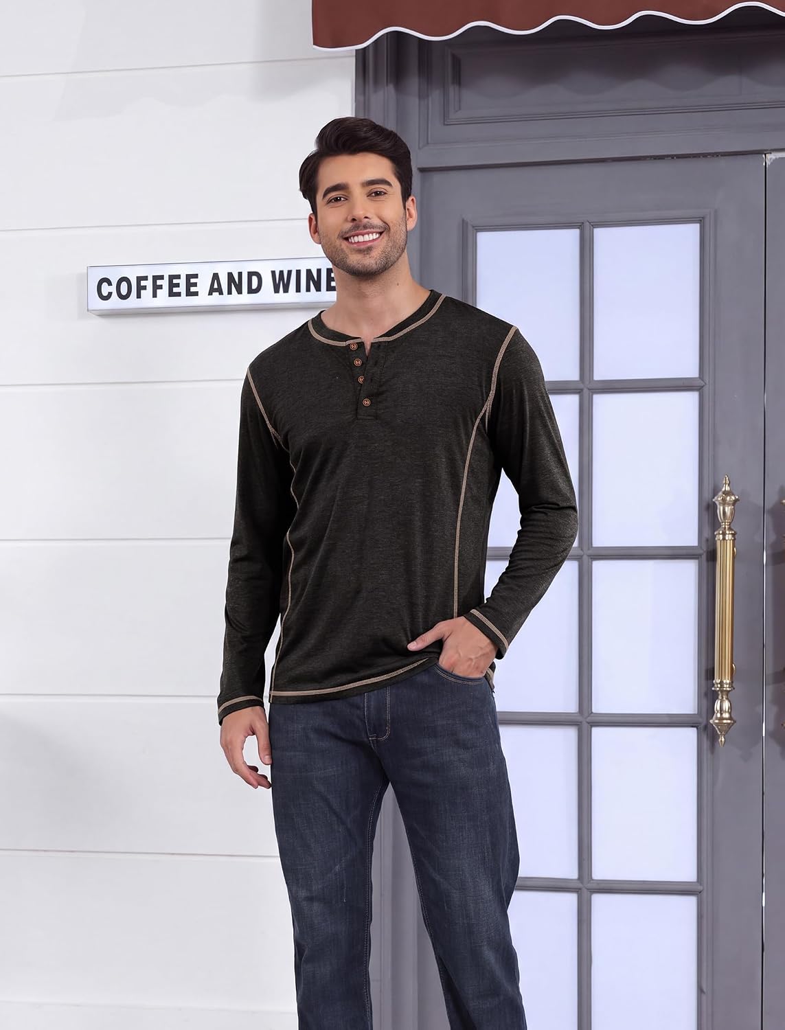 Detalle 2 de LAOARA heren-T-shirt met lange mouwen, Henley-stijl en rolkraag, M-2XL