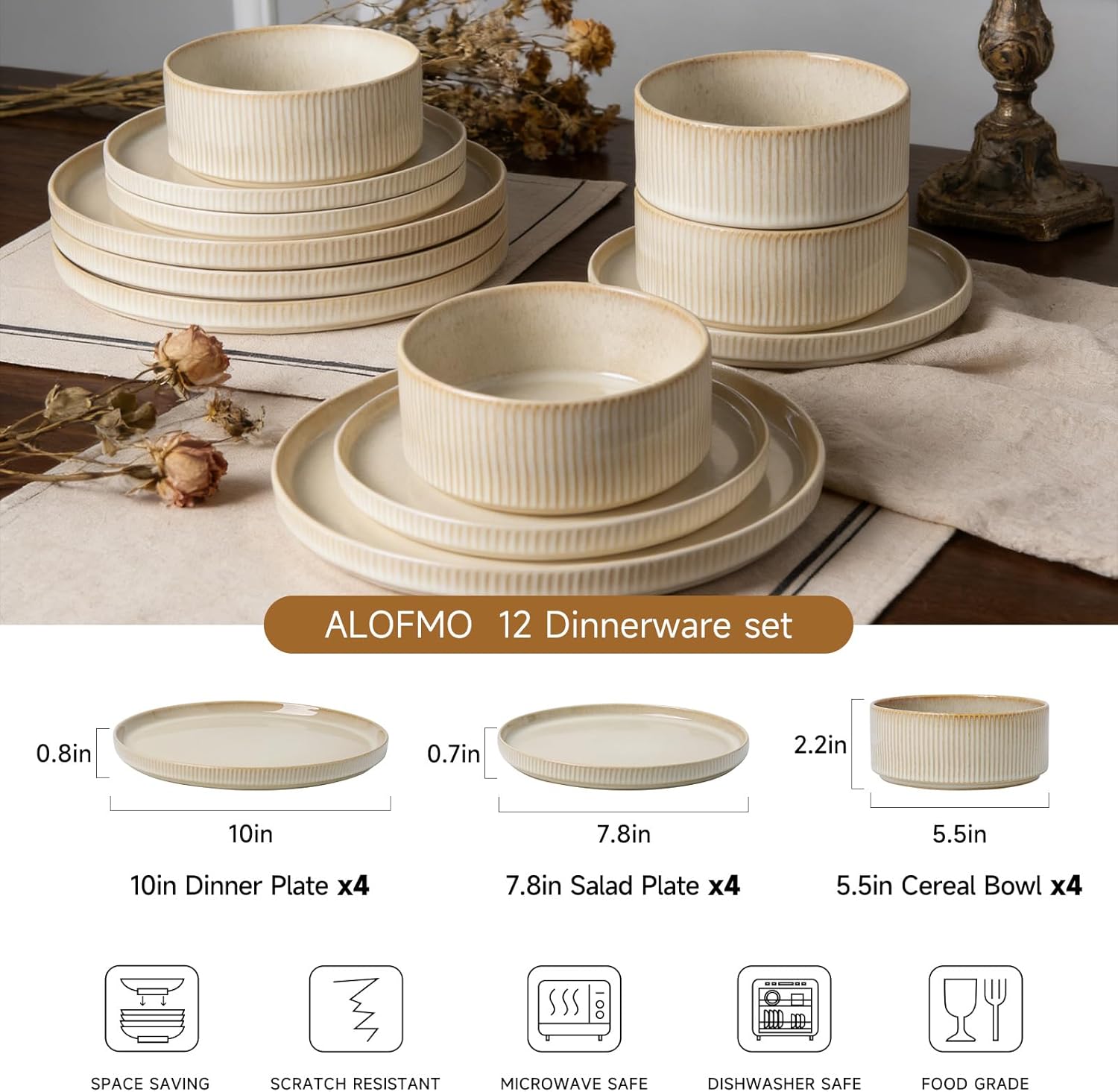 Thumbnail 2 de ALOFMO Stoneware Dinnerware Sets — 12-Piece Ribbed Dinnerware for 4 in Beige
