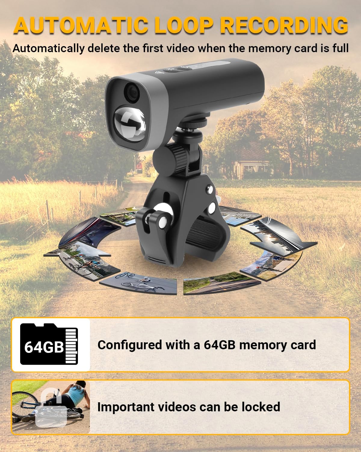 Thumbnail 5 de CEMOFE 1080P HD Bike Camera Recorder with Front Light and 64GB Card