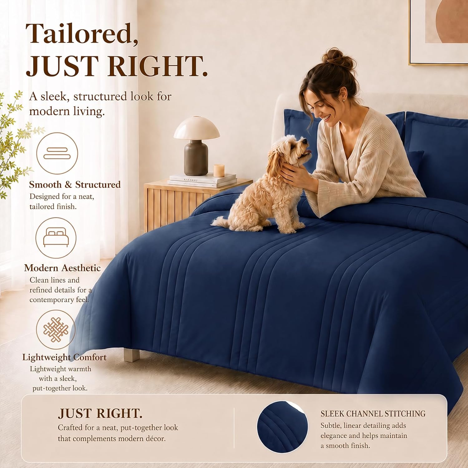 Detalle 2 de CozyLux CLUS25G90L2QU Queen Comforter Set, Navy Blue, 240 GSM, 7-Piece