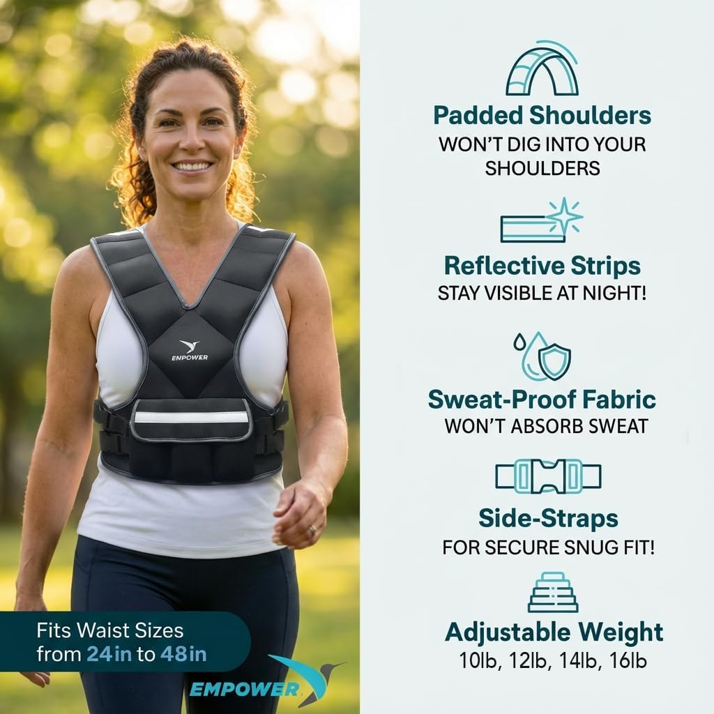 Detalle de EMPOWER Weighted Vest for Women with Reflective Strips — 4 in 1 (8 lbs fixed or 10–16 lbs adjustable) for Enhanced Workouts