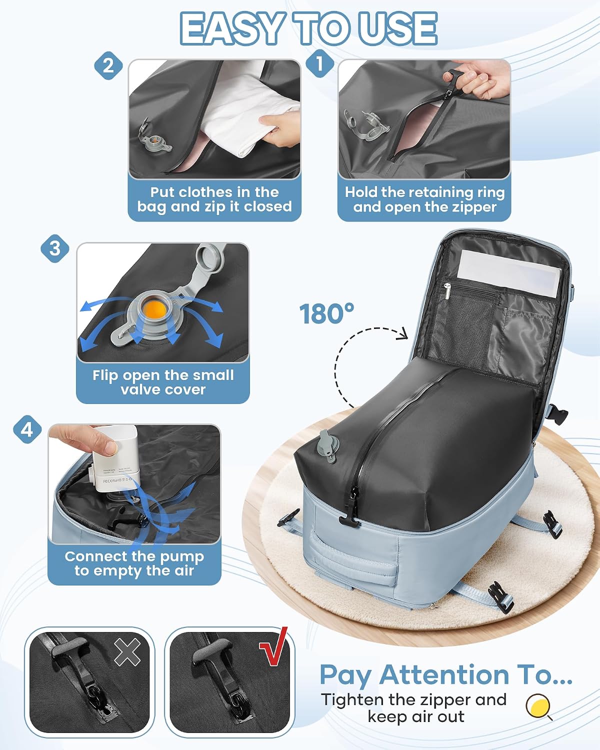Thumbnail 6 de SZLX Vacuum Backpack Travel Bag with Pump – 40x30x20 cm Cabin-Friendly, with Built-In Vacuum Pump