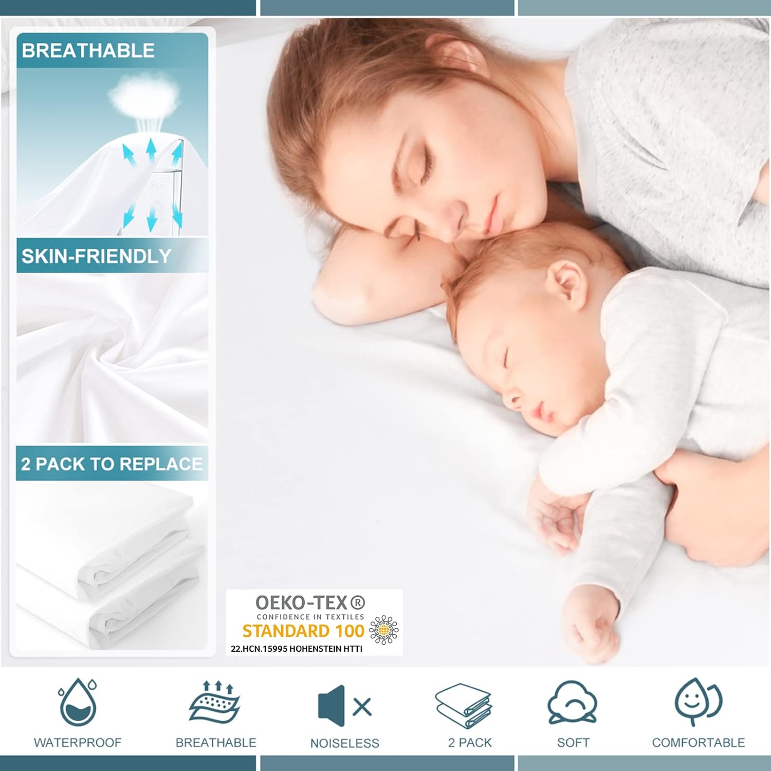 Detalle 2 de 2 Pack Twin Waterproof Mattress Protector Deep Pocket – Soft, Breathable, Noiseless Fit to 19