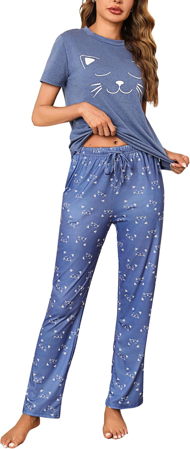 Detalle de Litherday Pyjama Femme Hiver – Ensemble coton et polyester à imprimé chat, manches courtes