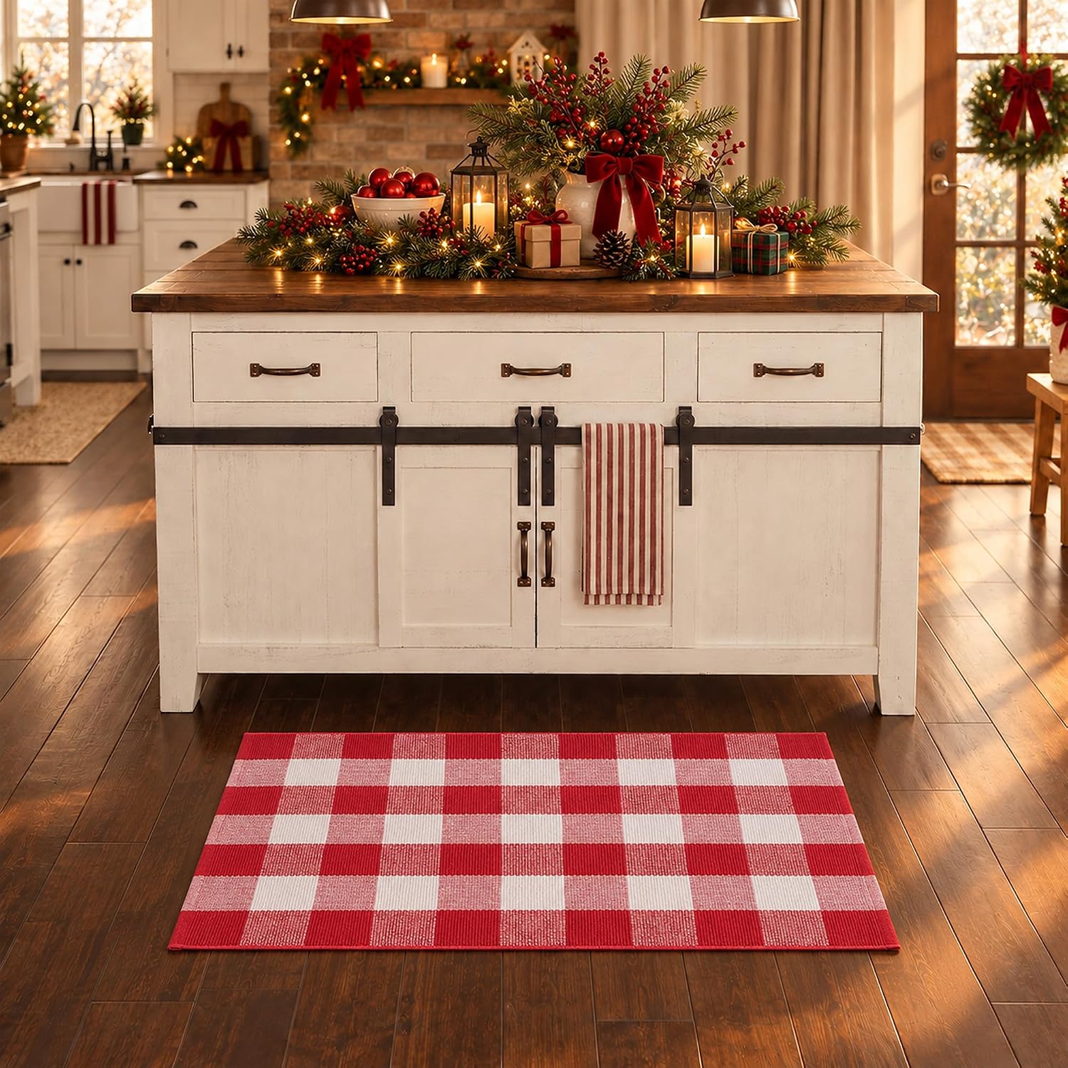 Detalle 2 de Homydecor Red and White Plaid Doormat, 28 x 43 Inches, Reversible Flatweave
