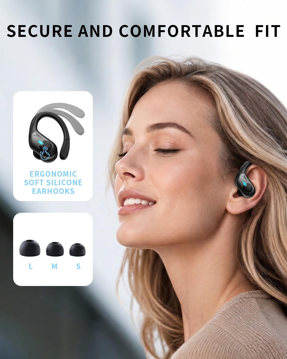 Detalle 2 de WHYKJTEK BX30 Open-Ear Wireless Earbuds, ANC, 90-Hour Playtime, IPX7 Black