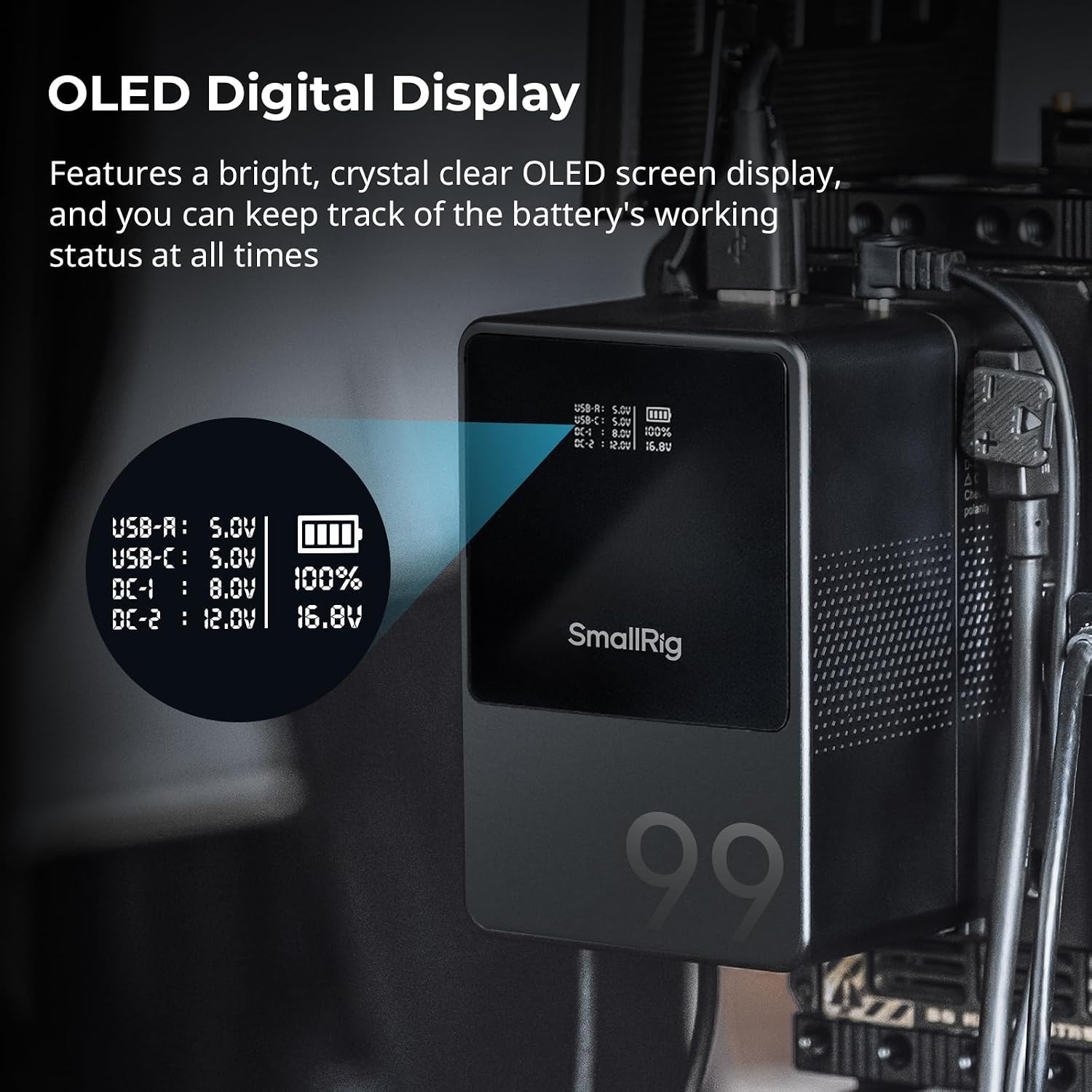 Detalle de SmallRig V Mount Battery VB99 (99Wh) with PD 100W fast charging and OLED screen