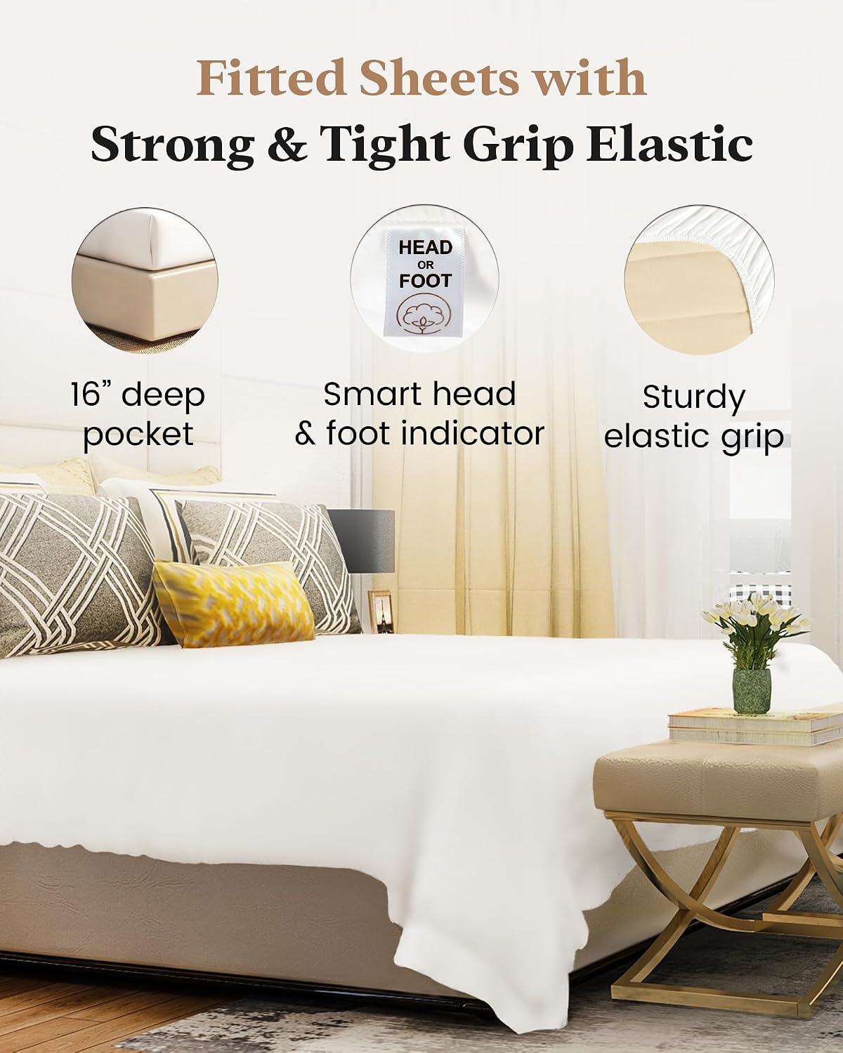 Detalle de Luxury 100% Egyptian Cotton Fitted Sheet (Soft Sateen Weave) – 1000 TC, 41cm/16" deep fit, King, White