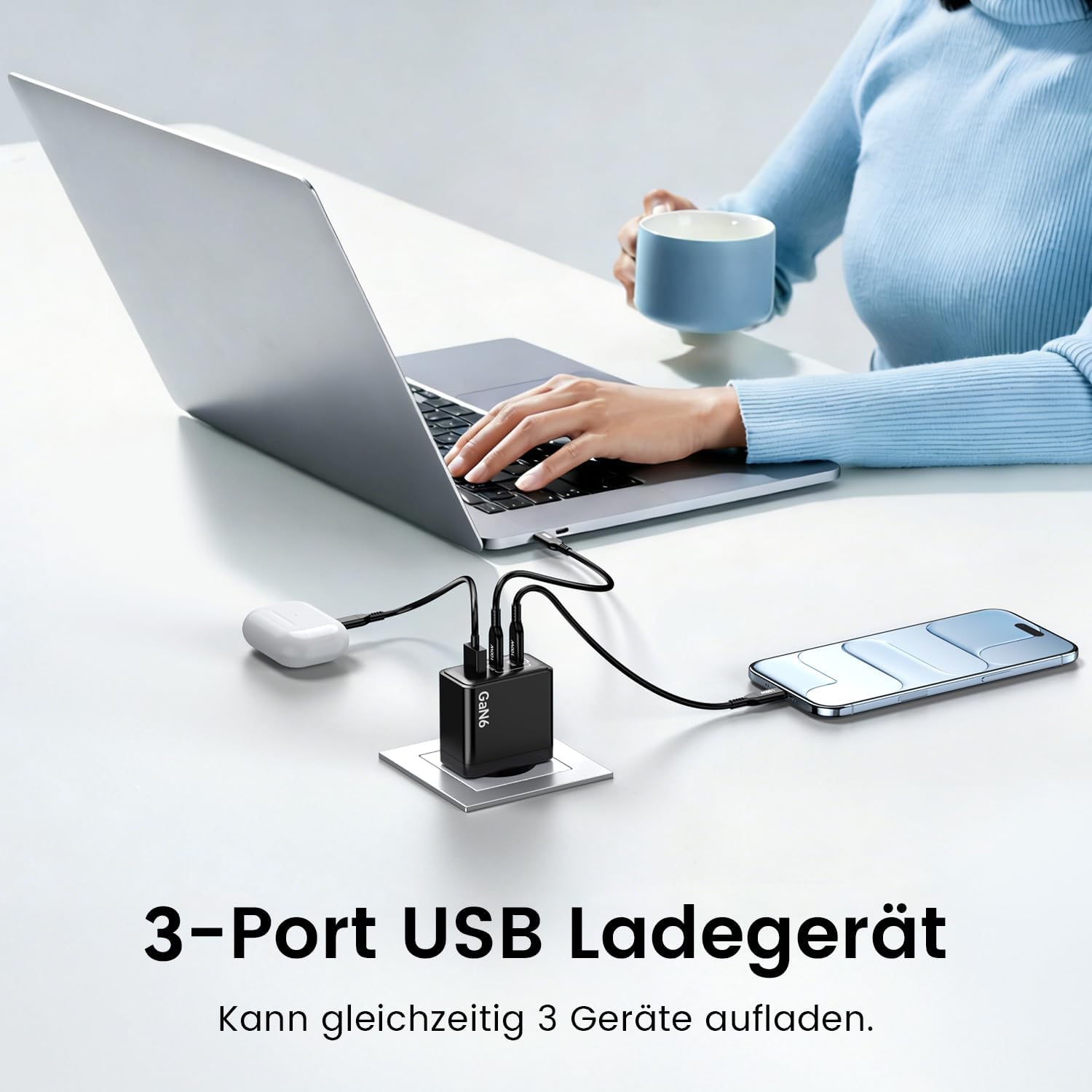 Thumbnail 1 de Ombrex 140W USB-C Ladegerät – 3 Ports, GaN6, 100W USB-C + 2×100W/20W USB-C & USB-A