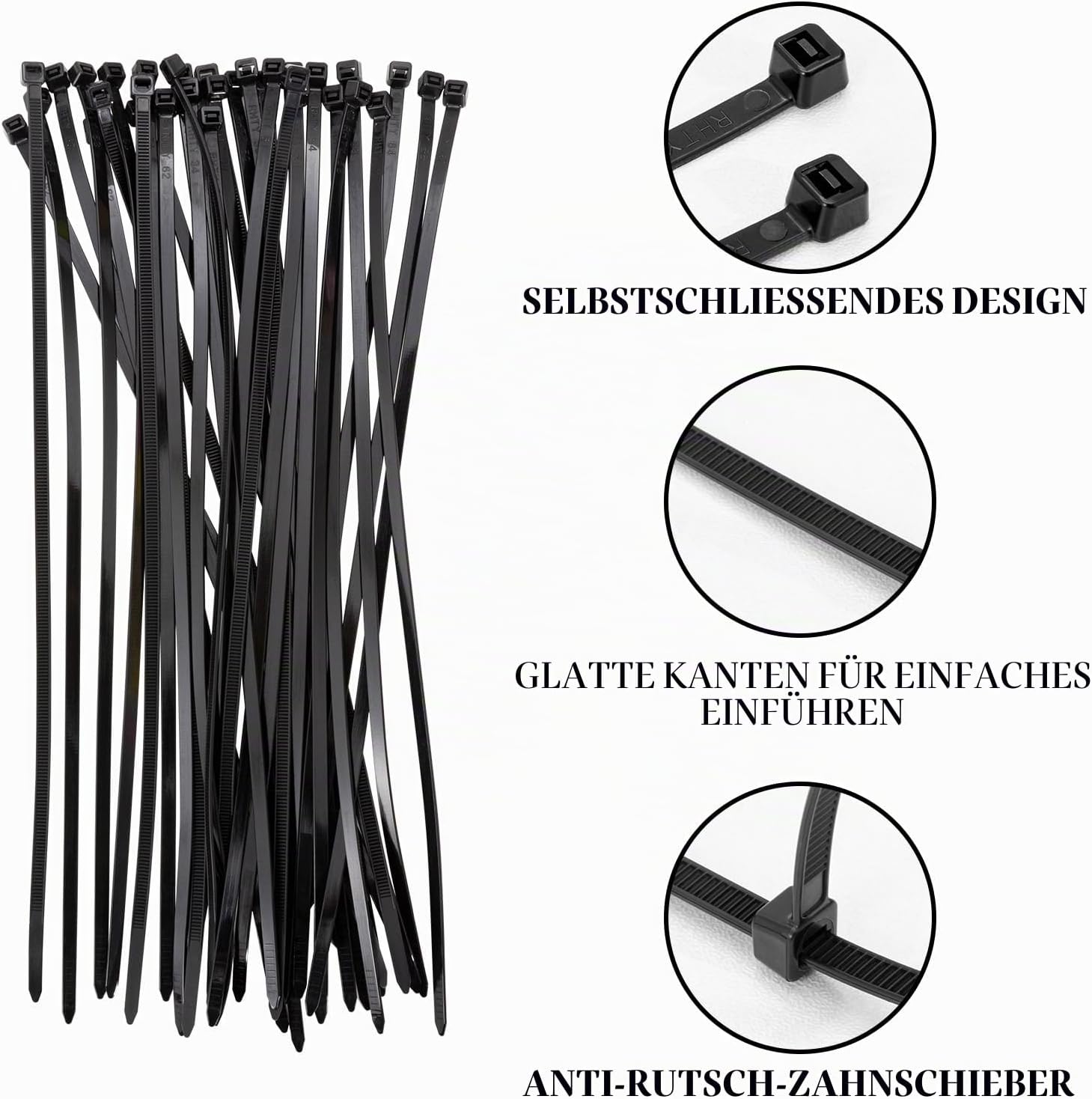 Thumbnail 4 de JelKen Kabelbinder 250 Stück, Schwarz, 300 mm x 4,8 mm – Selbstsichernd, UV-beständiges PA66, strapazierfähig für Zuhause, Büro und Garten