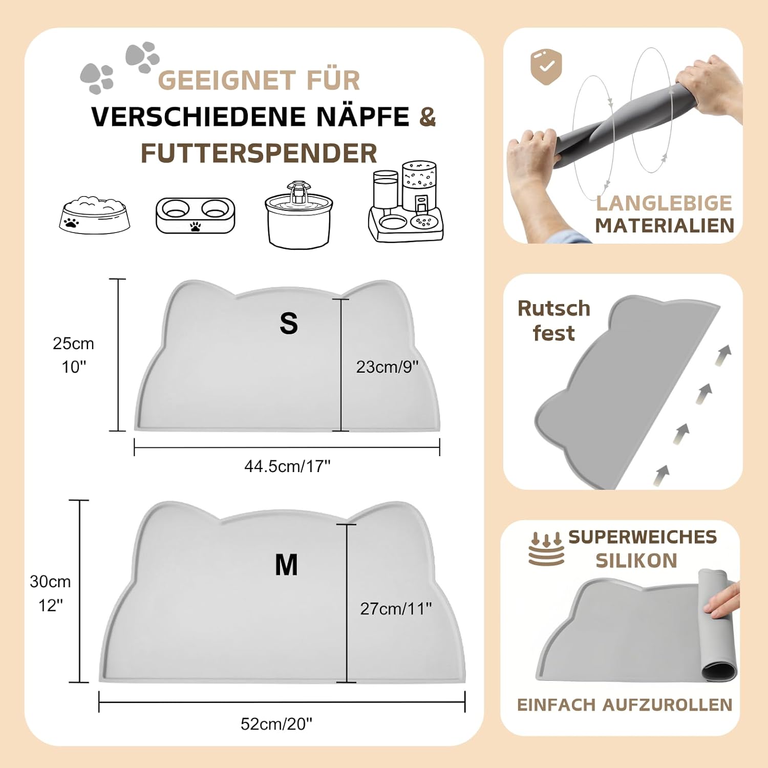 Thumbnail 4 de Napfunterlage für Katzen & Hunde aus Silikon (52 x 30 cm) – rutschfest, wasserdicht, hellgrau