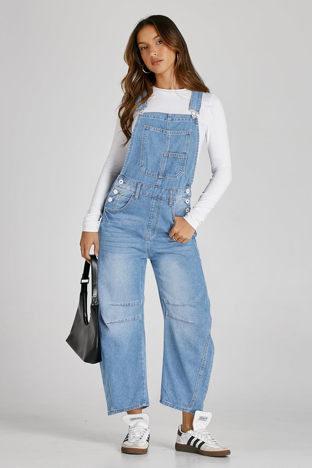 Detalle de PLNOTME Women's Denim Barrel Leg Adjustable Strap Overalls with Pockets