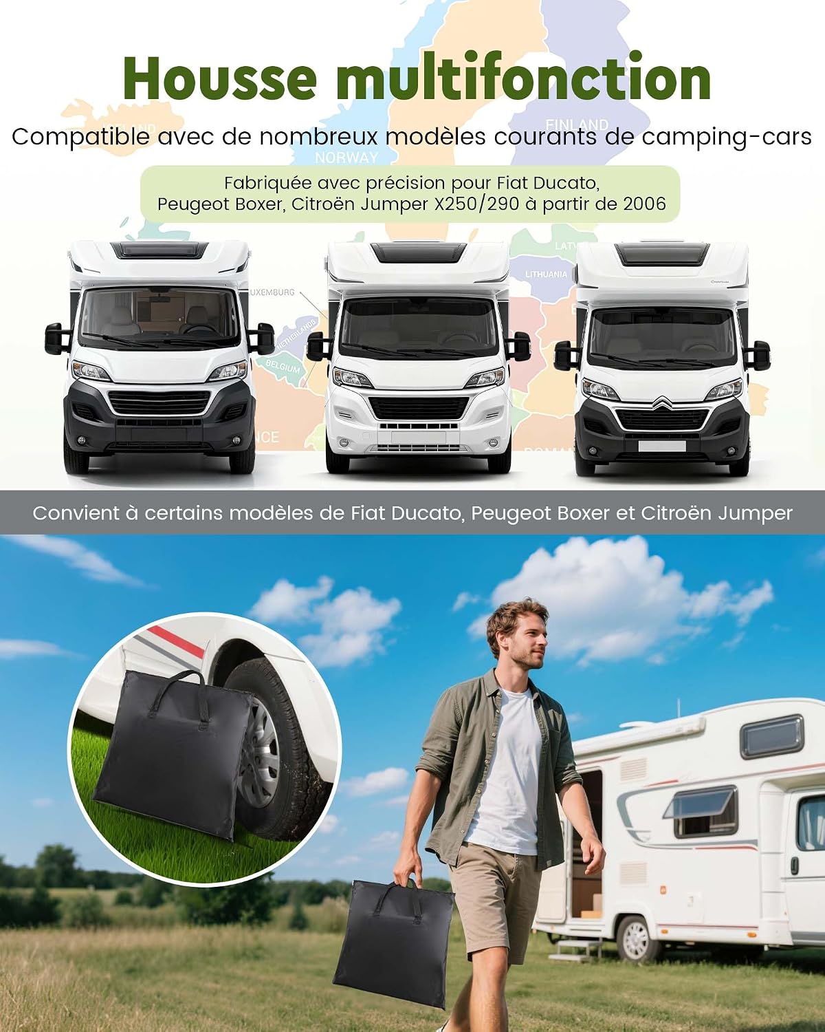 Detalle de FoundGo Motorhome Windscreen Cover Thermal with Dual Zips – Waterproof, Aluminium Silver, Fits Fiat Ducato, Citroën Relay X250/290 & Peugeot Boxer (2006+) with Carry Bag