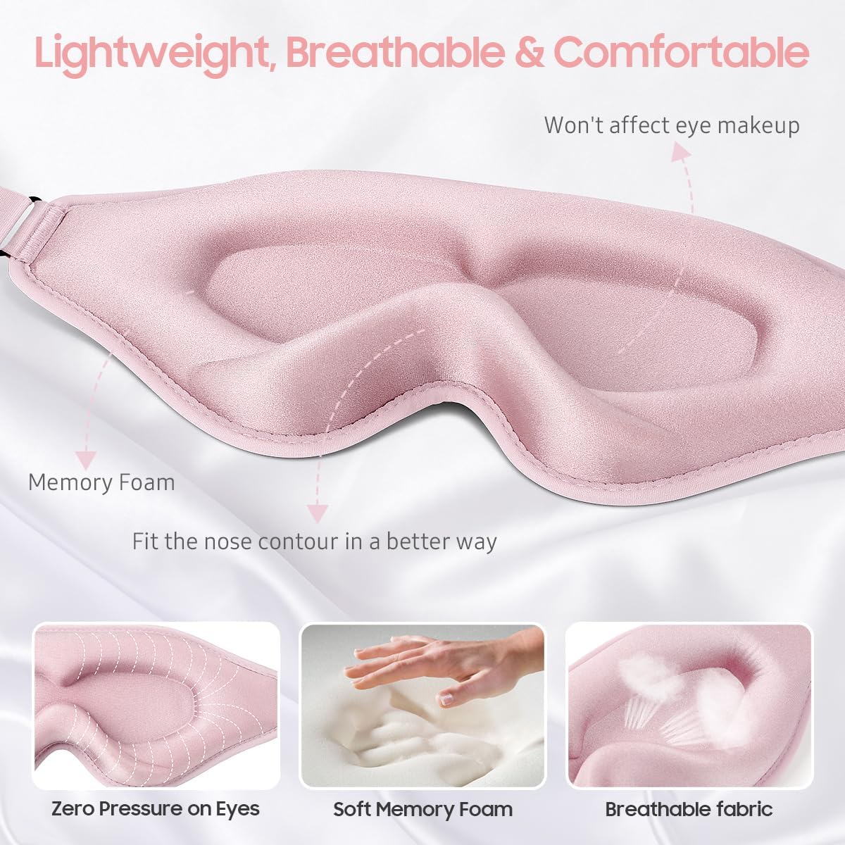 Thumbnail 2 de BeHoomi Sleep Mask Premium Eye Mask – 3D Ergonomic Design, Light Blocking & Comfort (Pink)