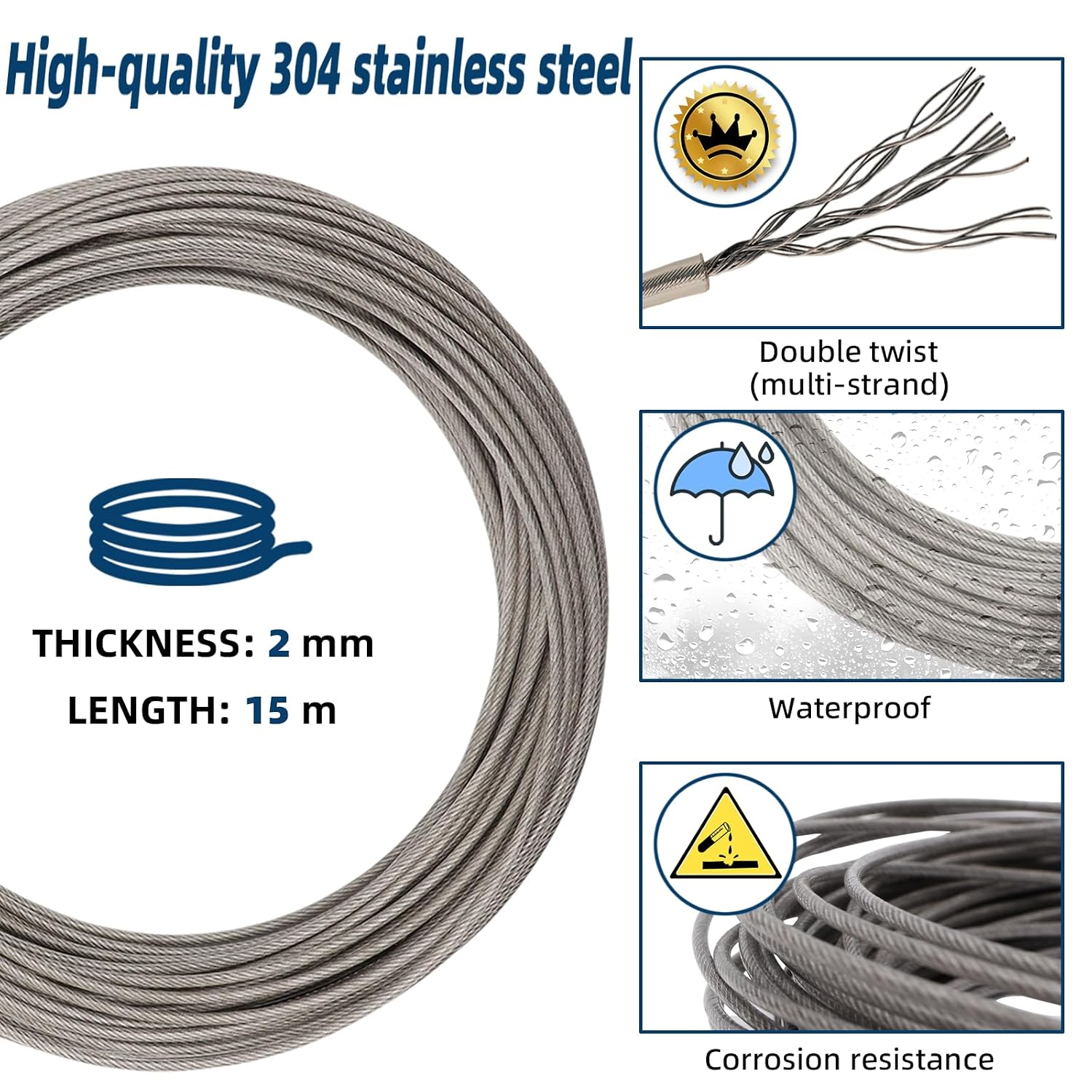 Thumbnail 6 de AMZSKU staalkabel van 15 m, 2 mm, met M5-kabelspanner