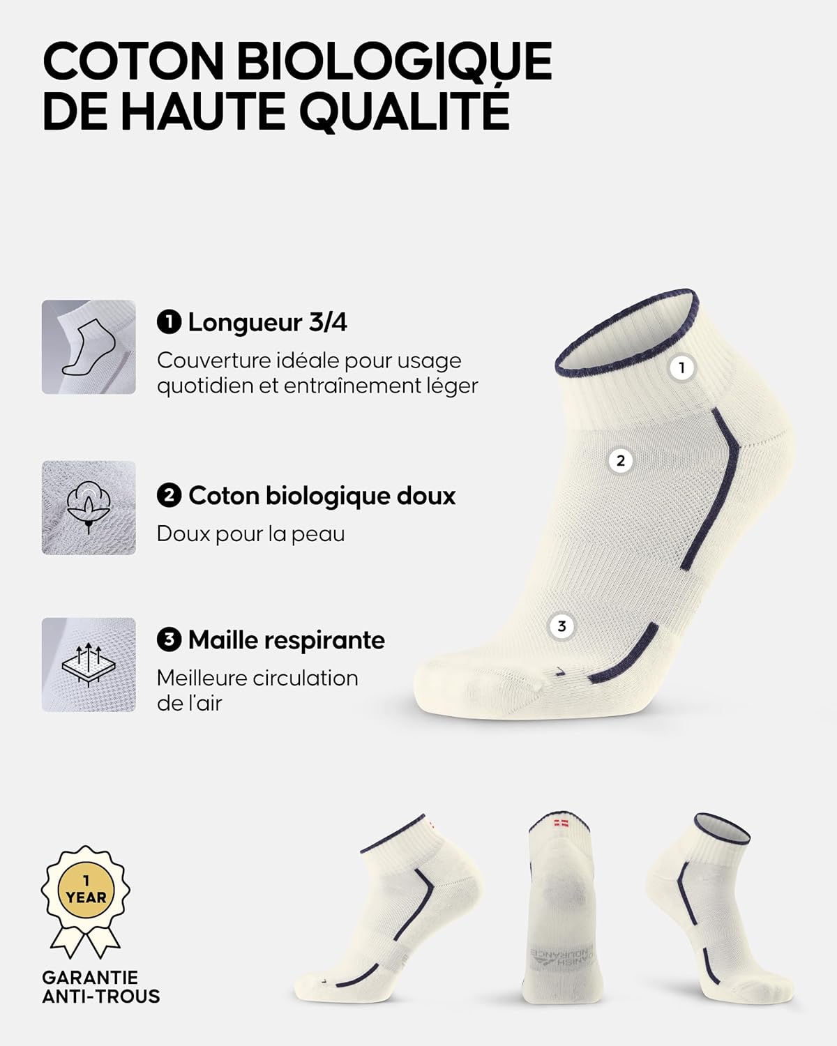 Thumbnail 2 de DANISH ENDURANCE Chaussettes sport en coton bio peigné (lot 3 ou 6) – respirantes et anti-ampoules