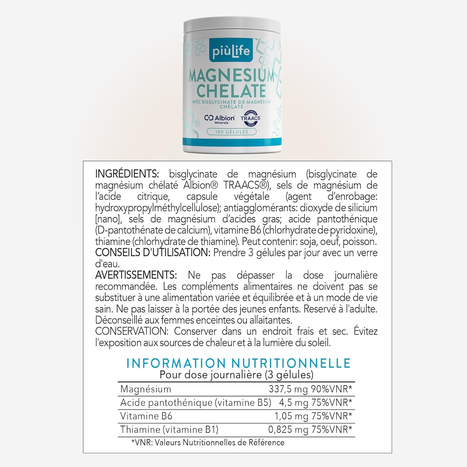 Thumbnail 6 de Magnesium Bisglycinate Chélaté PiùLife 337,5 mg avec vitamines B1, B5 et B6 – 180 gélules végétales