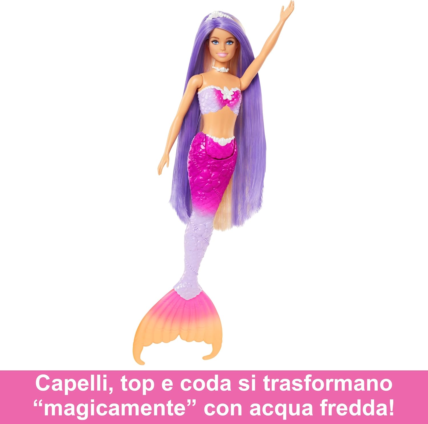 Thumbnail 3 de Barbie Malibu Sirena HRP97: bambola sirena con capelli rosa, cambia colore in acqua e delfino incluso