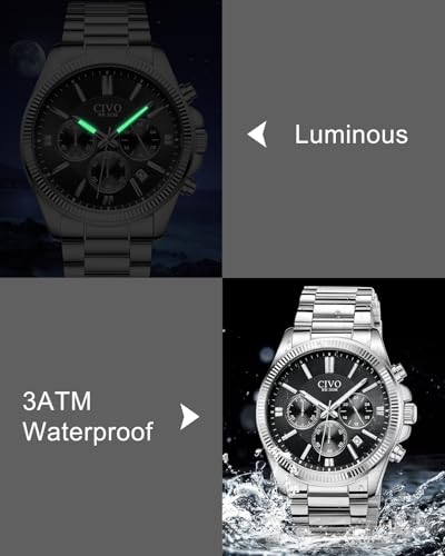 Thumbnail 3 de CIVO Watches Men Stainless Steel Silver Chronograph – Quartz, 41mm Dial, 3ATM Water Resistant