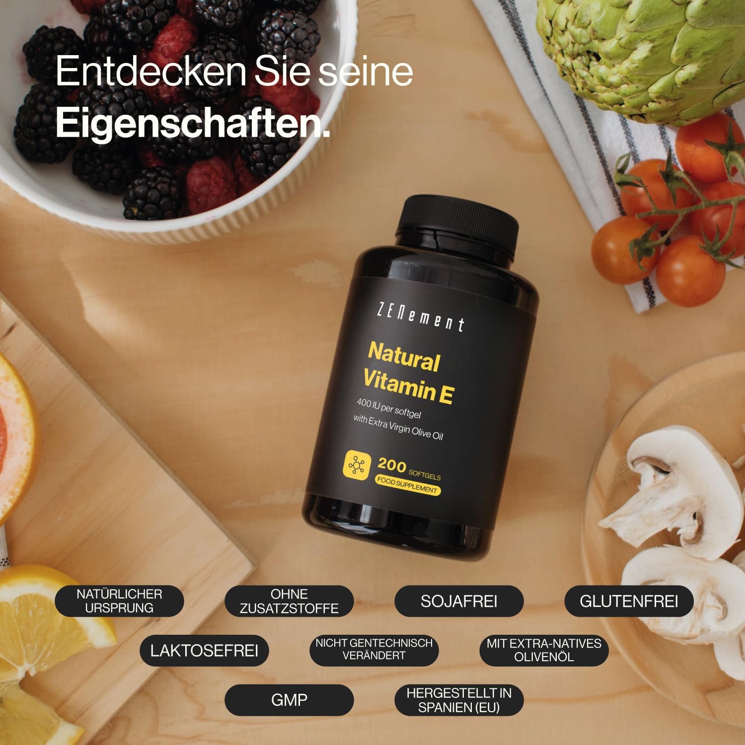 Detalle de Natürliches Vitamin E (Alpha-Tocopherol) 400 IU pro Kapsel – 200 Weichkapseln mit Bio-Nativem Olivenöl extra von Zenement