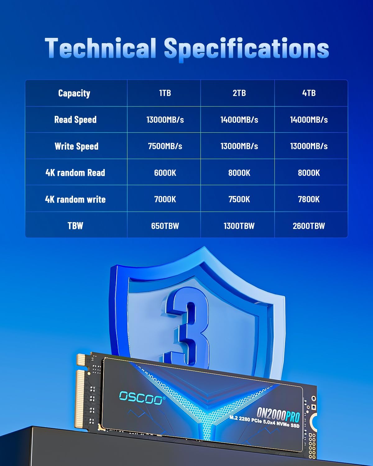 Thumbnail 6 de OSCOO 4TB NVMe Gen 5.0 SSD (ON2000PRO) — 14,000 MB/s Read, 13,000 MB/s Write with Graphene Heatsink