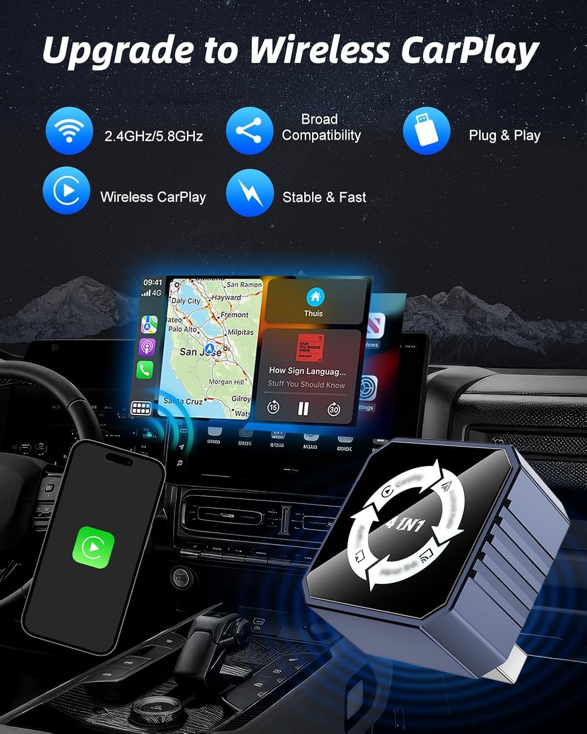 Detalle de nilic Wireless CarPlay & Android Auto Adapter 2 in 1 (USB Plug & Play, Wireless upgrade for wired systems from 2017+) – Not for BMW