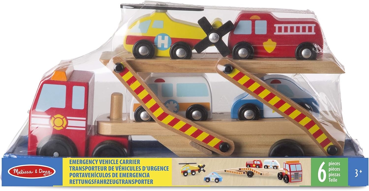 Thumbnail 6 de Melissa & Doug Carro Attrezzi Giocattolo 5 Pezzi: elicottero, ambulanza, auto polizia e camion dei pompieri in legno