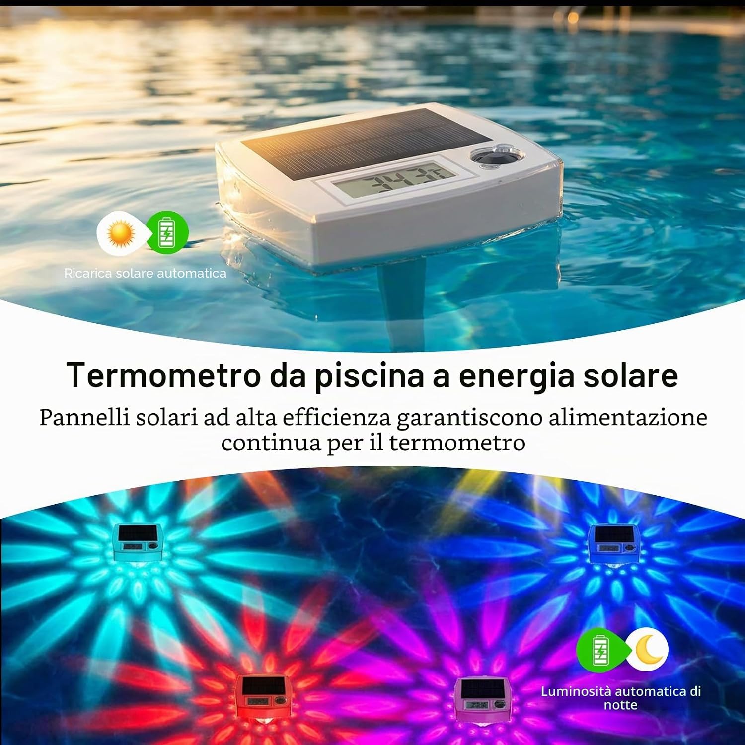 Thumbnail 1 de Termometro Digitale Solare Galleggiante per Piscina con Luce RGB Notturna e IP68